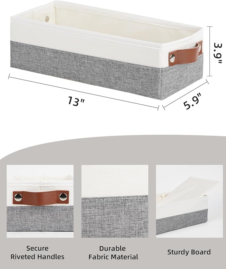HNZIGE Small Fabric Storage Bins with Handles 3 Pack, Foldable Narrow Baskets for Organize Toilet Paper, Clothes, Diaper, Sock, Storage Bins for Shelves, White&Grey-13"x 5.9"x3.9"