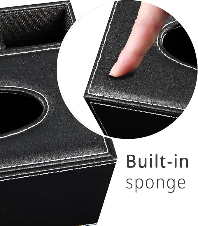 Leather Tissue Box Cover Rectangle,Compatible with Kleenex Box Covers,Facial Tissue Box Holder with Remote Control Holder,Decorative Nighstand Organizer,Tissue Dispenser for Bathroom Black