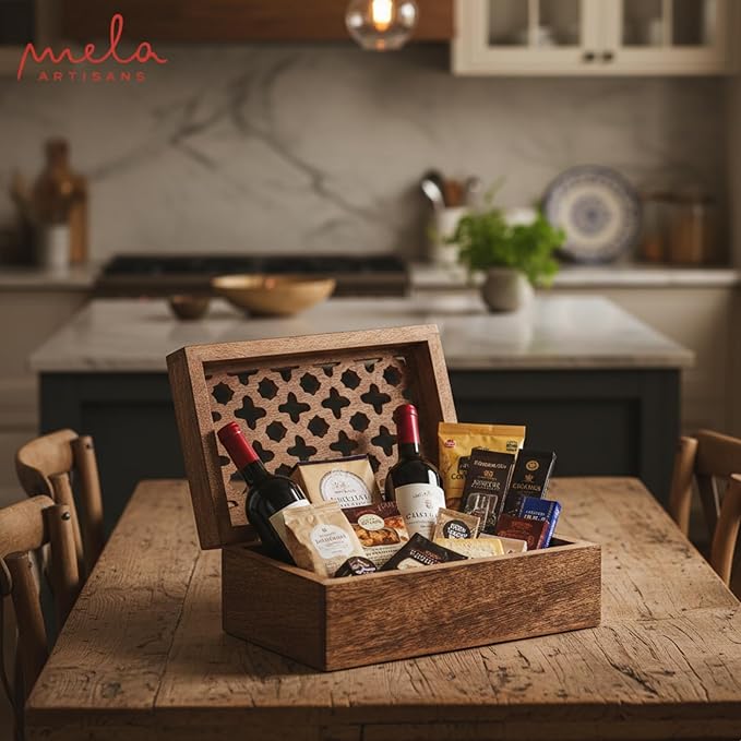 Mela Artisans Large Wooden Keepsake Box | Medium Burnt Memory & Decorative Storage Box for Jewelry, Photos & Trinkets with Hinged Lid | Vintage Storage Box |Trellis Design | 9 x 6 x 3.5