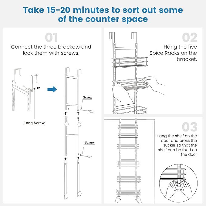 Adjustable 6-Tier Over the Door Pantry Organizer, Spice Rack, Narrow Hanging Shelf for Kitchen Storage and Organization (White)