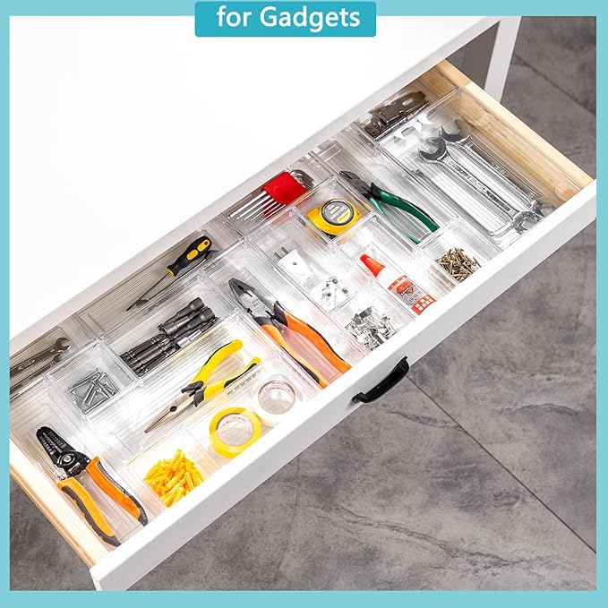 44 PCS Clear Drawer Organizers Set, 4 Size Versatile Bathroom and Vanity Organizer Trays, Cosmetic Display Cases for Makeup, Jewelries, Bedroom，Kitchen Utensils and Office