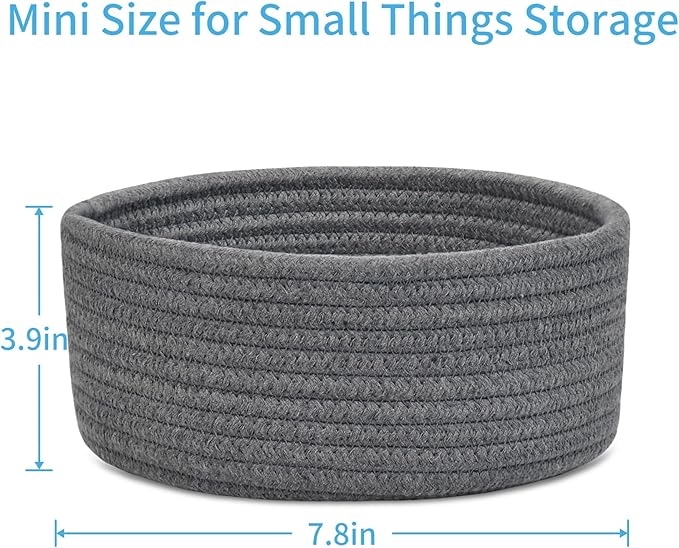 ABenkle Small Woven Basket, Empty Tiny Shallow Storage Basket, Mini Cotton Rope Baskets, Round Decorative Hamper, Basket Storage Bins for Toys, Spa, Socks, Nursery, Living Room