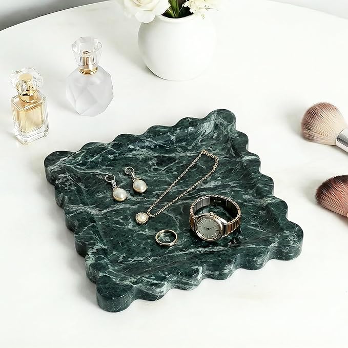 Elegant Square Marble Decorative Tray with Scalloped Edge Natural Stone Vanity Tray Organizer for Counter, Vanity, Dresser, Nightstand, Bathroom & Kitchen Sink(Verde Alpi Green)