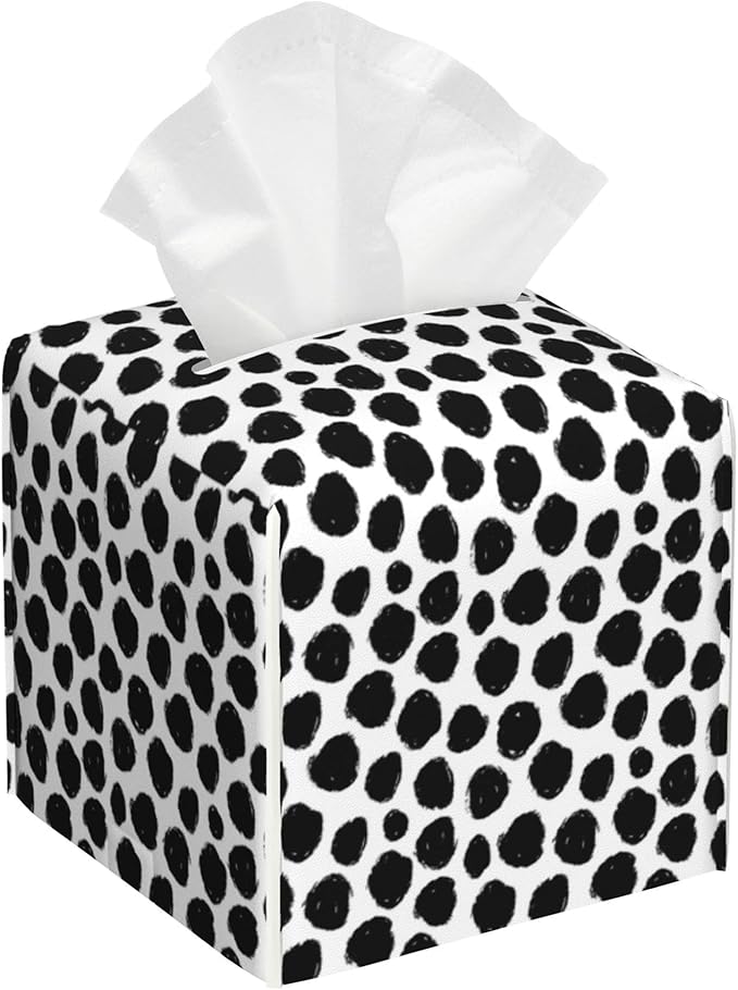 Abstract Black Dots Tissue Box Cover Square,Tissue Box Holder with Belt Bottom,Stylish Leather Napkin Holder for Vanity Countertop,Nightstands,Office Desk,5.2"Ã5.2"Ã5.2"
