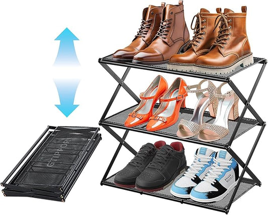 Small Shoe Rack for Entryway - 3 Tier Shoe Organizer Metal Foldable Shoes Storage Rack, Zero Tool Install, Sturdy Shoe Rack for Closet, Front Door Entrance, Living Room - Space Saving, Black