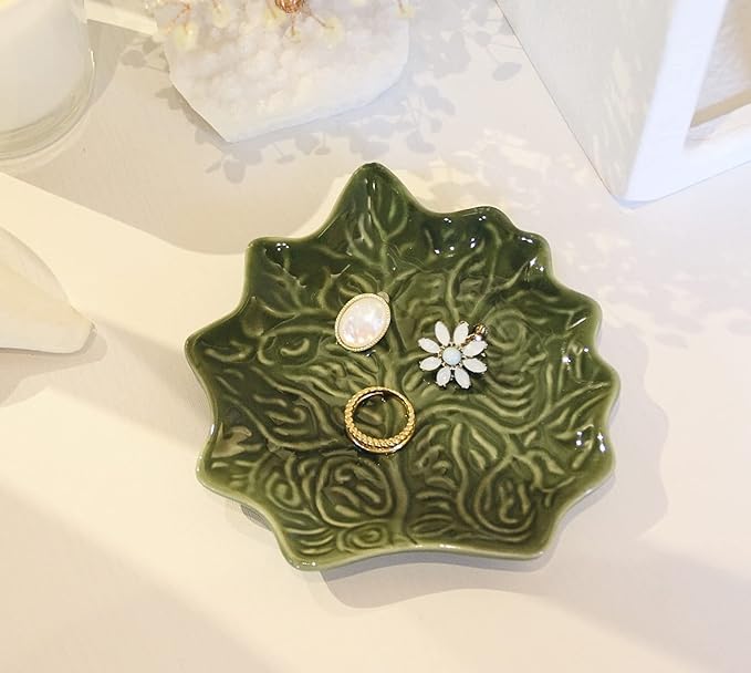 Jewelry Dish Trinket Tray for Women, Ring Dish Holder, Unique Leaf Shape Ceramic Plate Cute Things Vanity Aesthetic Room Decor Mother's Day Birthday Christmas Warm House Gifts (Green)