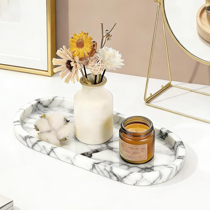 Natural Marble Tray, White Stone Tray, Vanity Decorative Tray for Countertop, Catchall for Perfume, Candles, Skincare, Jewelry Dish, Bathroom Tray, Hotel Supplies