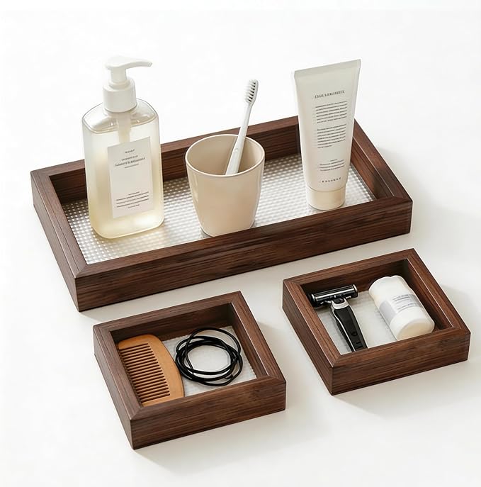Rectangle Small Wooden Tray Set of 3, Desk Drawer Organizer - Stackable, Walnut