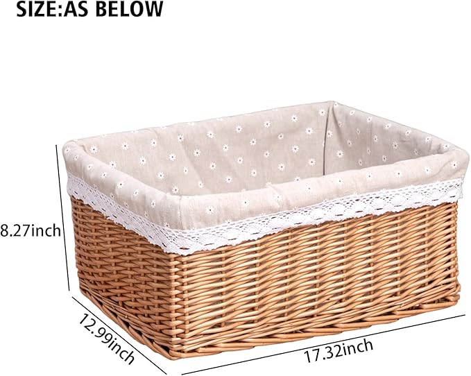 Willow Storage Basket with Linen Liner - 17.32 x 12.99 x 8.27 Inch Handwoven Decorative Bin for Home, Kitchen, Nursery - Rustic Organizer for Blankets, Toys, Fruits & More