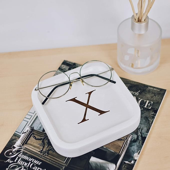 I'm Wooden Personalized Letter Catchall Valet Tray Trinket Dish Jewelry Tray Key Bowl Decorative Plate Organizing Ring Earrings Necklaces Bracelet Watch Coins Wallet Holder (6"x6" Sq White X)