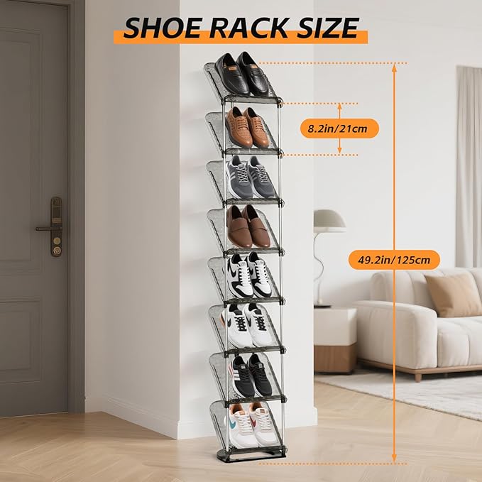 Vertical Shoe Rack 8 Tiers Narrow Clear Sneaker Storage Holder Luxurious Slim Tall Organizer Space Saving Shelf for Entryway Garage 10.4" W x 64.5" H x 9.8" D (Transparent Black)