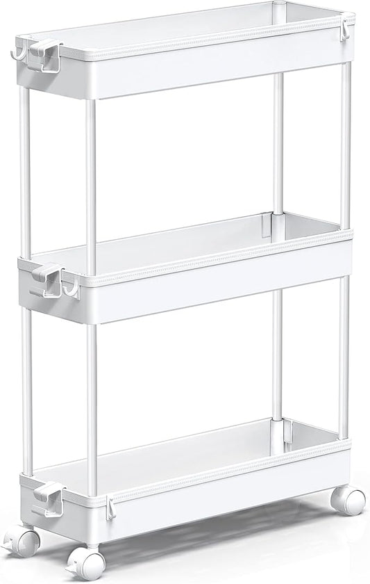 SPACEKEEPER Slim Rolling Storage Cart, 3 Tier Bathroom Storage Organizer Laundry Room Utility Cart Mobile Shelving Unit, Multi-Purpose for Kitchen Office Bathroom Laundry Narrow Places, White