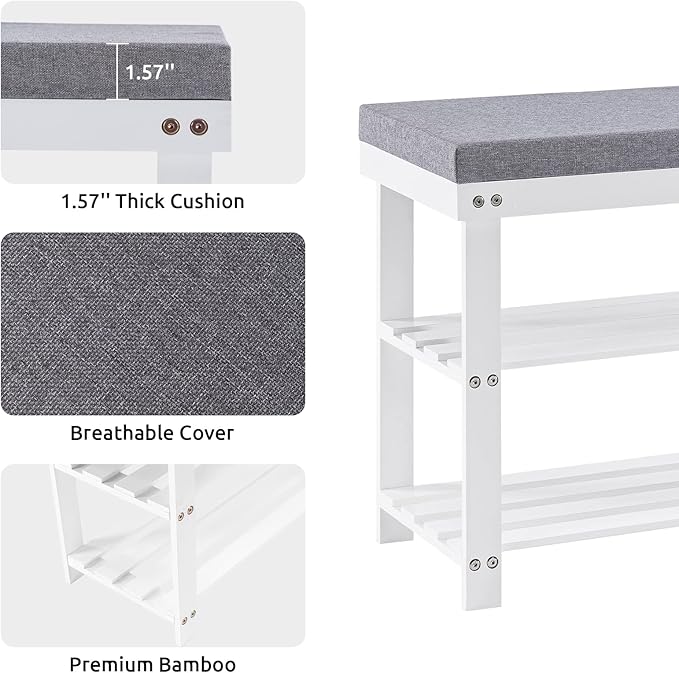 Apicizon 3-Tier Shoe Rack for Entryway, Bamboo Shoe Bench with Cushion Padded Seat, Small Shoe Organizer with Storage for Indoor Entrance Hallway Bedroom Living Room, White