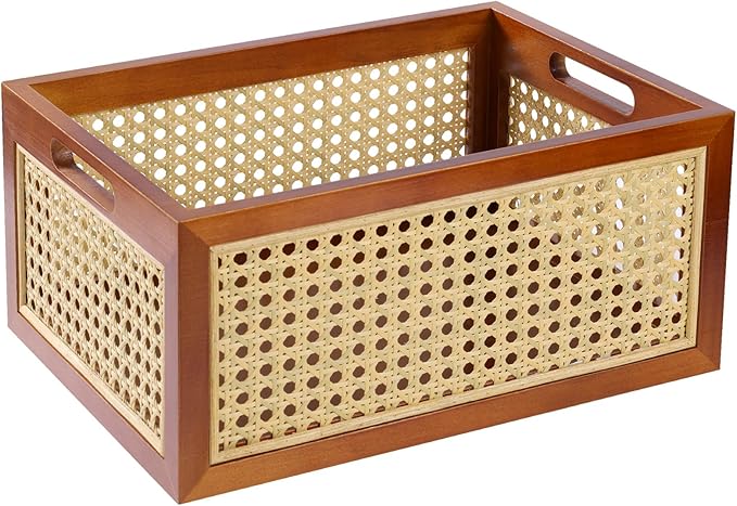 Rattan Storage Basket Large Handmade Woven Storage Bin for Organizing Decorative Wooden Box for Rustic Farmhouse Decor Home Office Tabletop Shelf Organizer, 13.8"L x 9.8"W x 6.3"H