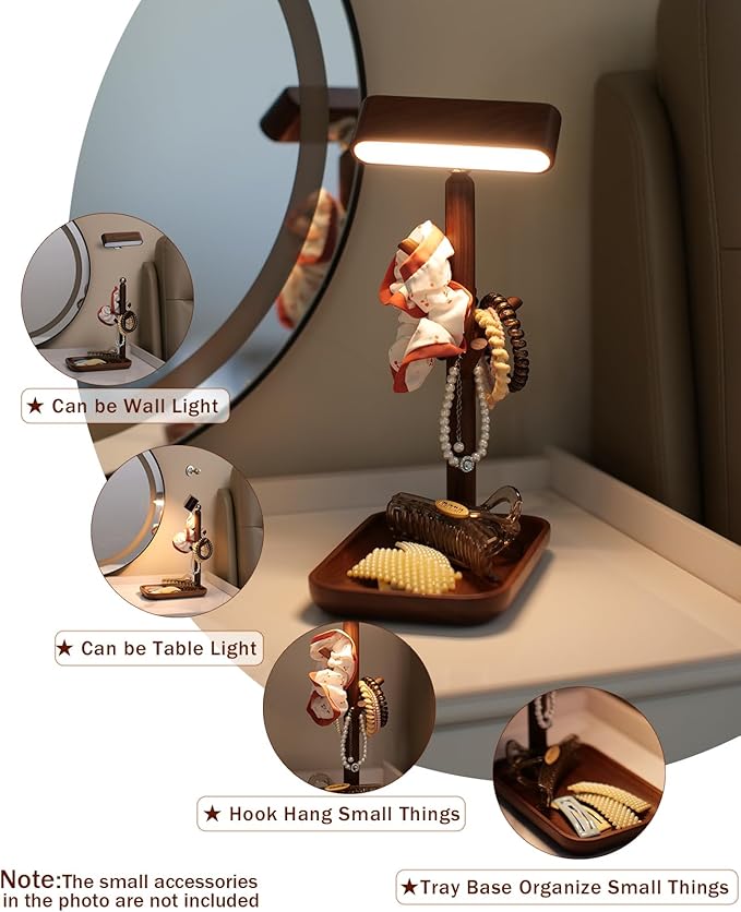 Wooden Table Lamp, Tree Trunk Rechargeable LED Bedside Lamp with Jewelry Tray, 360Â° Rotating Cordless Lamp for Nightstand or Entryway (Black Walnut)