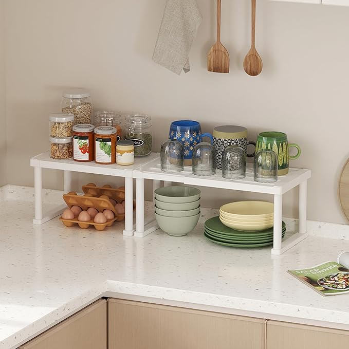 Lifewit Cabinet Shelf Organiser, Expandable Countertop Kitchen Shelves, Plastic Shelf Riser for Pantry Kitchen Storage and Spice Rack, Set of 2, 40 x 21 x 18cm/16 x 8 x 7 inch, White