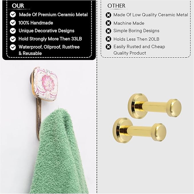 Indian Shelf Pack of 6 Multicolor Square Ceramic Kids Room Wall Hooks - Maximum Weight Capacity: 5 lbs Each - Perfect for Coats, Keys, and More