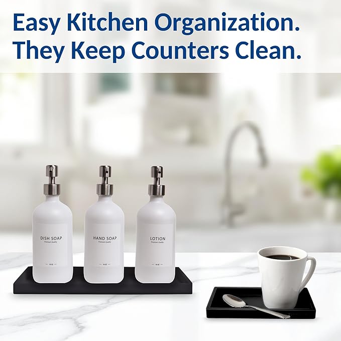 Countertop and Vanity Tray - 2 PC (11” and 7”) Shatterproof Silicone Kitchen and Bathroom Trays for Counter, Kitchen Soap Dispenser Tray, Vanity Trays for Bathroom, Perfume Key Tray