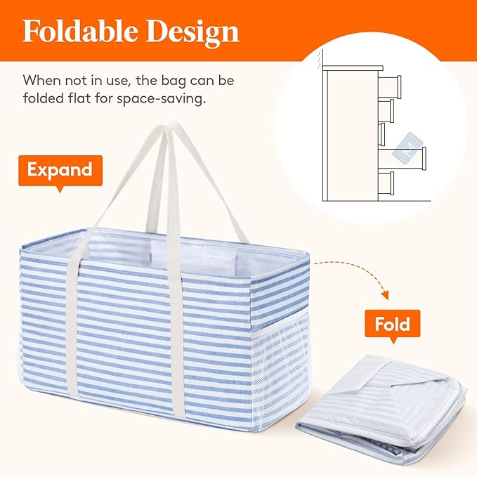 Lifewit Extra Large Tote Bag, Reusable Grocery Bags with Metal Wire Frame and Handles, Standing Utility Foldable Shopping Bags for Storage, Picnics, Beach, Laundry, Car, 46L, 2 Pack, Blue