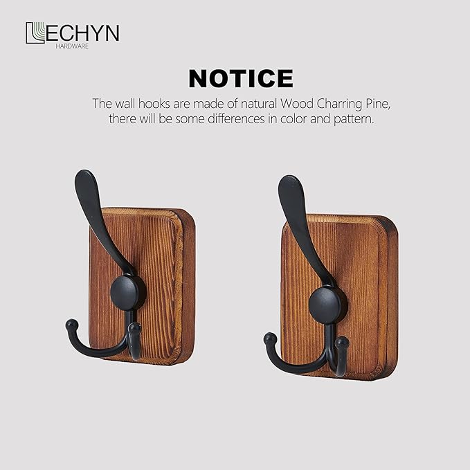 4 Pack Rustic Coat Hooks Wall Mount, Farmhouse Towel Hooks for Bathrooms, Heavy Duty Adhesive Mounted & Drill Mount Decorative Wood Wall Hooks for Hanging Towel Robe Backpack (Brown)
