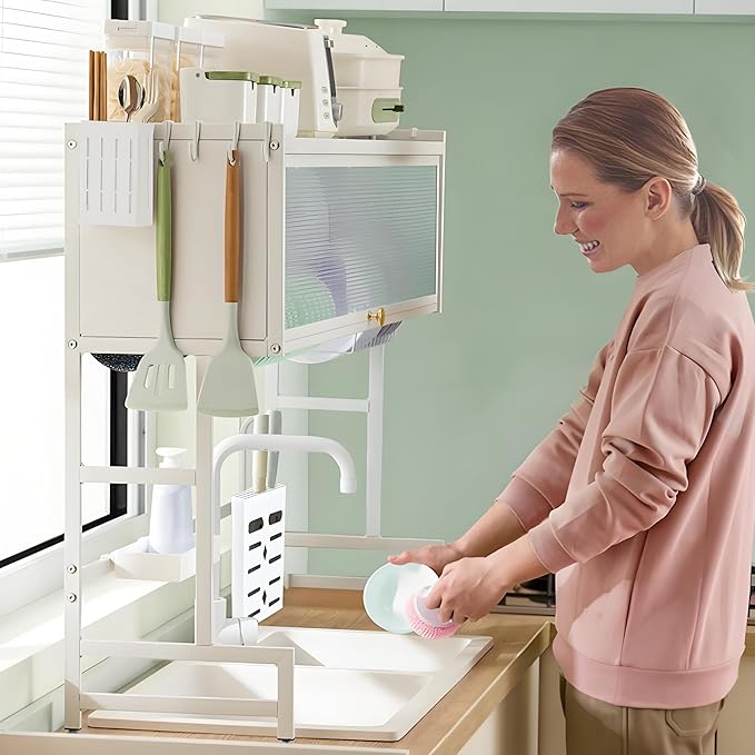 ASIEIT Dish Drying Rack, 3-Tier Over Sink Dish Drying Rack, 33.5" Sink Dish Rack for Small Kitchen, Space-Saving Sink Dish Rack with Cover, Baskets, Utensil, Large Kitchen Storage Organizer White