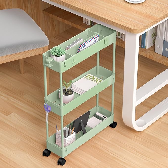 SPACELEAD Slim Storage Cart 3 Tier,Bathroom Organizer Rolling Utility,Mobile Shelving Unit Slide Out for Office, Kitchen, Laundry Room & Narrow Placesï¼Green