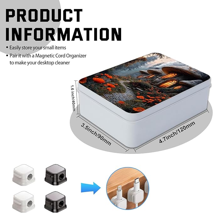 Metal Tin Box with Lid,Multi-functional Storage Box Can Store Tea Biscuits Game Cards, Playing & Tarot Cards-Comes with 4 Magnetic Cord Clips,Mushroom Houses in Forest