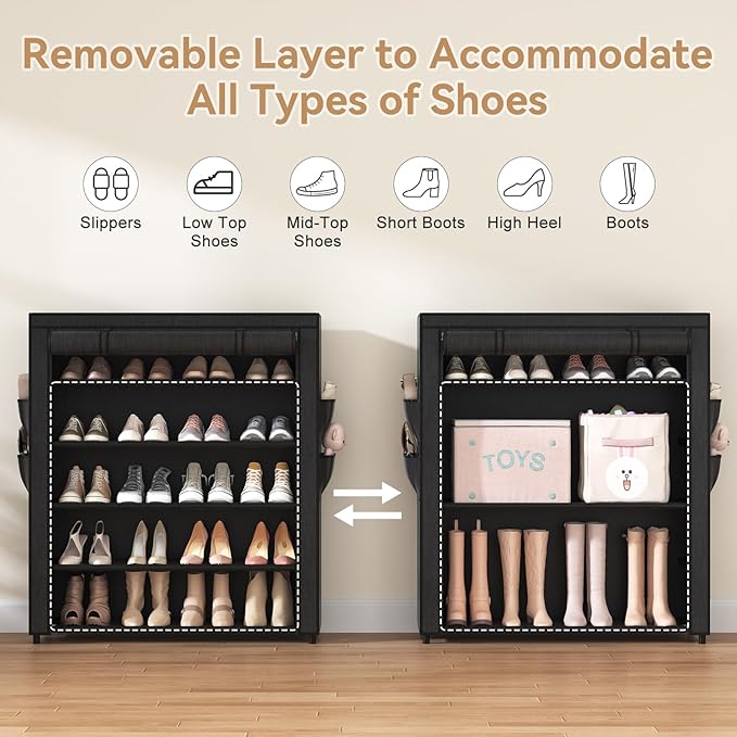 Shoe Rack with Cover, 5 Tier Shoe Organizer Storage for 20-24 Pair Shoes and Boots Large Shoe Storage Shelf Space Saving Vertical Shoe Rack for Closet, Front Door Entrance, Dorm, Garage