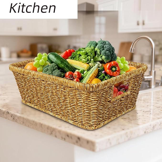 Wicker Storage Basket Water-resistant: Easy-Clean Stackable Baskets for Pantry, Kitchen,Rectangle Basket for Shelf,Tan,2-pack