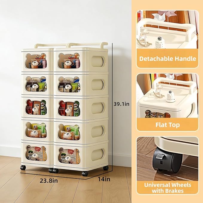 Drawer Storage Organizer, Rolling Storage Cart with 10 Drawers, Plastic Drawer Tower Organization Storage Container with Wheels for Home, Bathroom, Kitchen, Entryway, Office, Dorm