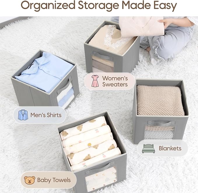 Bins for Closet Organization - Cubby Storage Organizer with Window, Closet Baskets for Shelves, Folding Cubes for Storage, Storage Bins for Home, 11inch, Set of 8, Grey