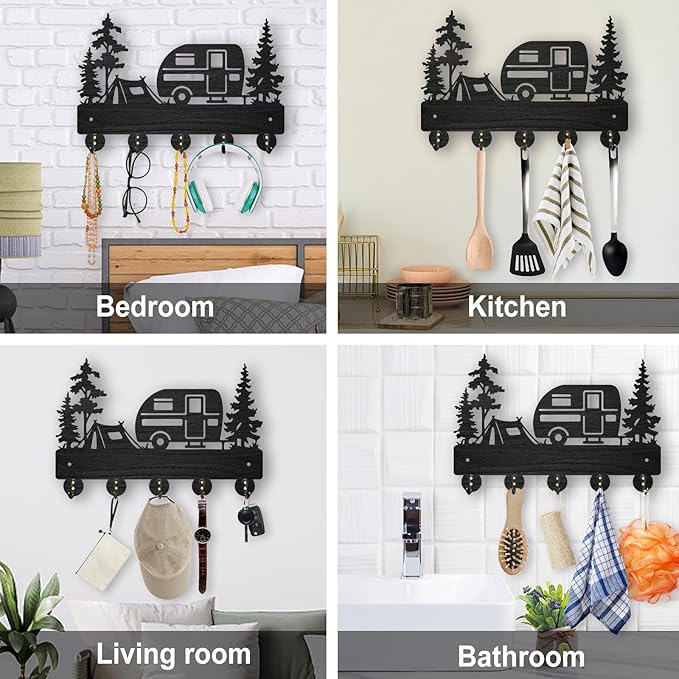 MAYJOYDIY Camping Wall Mount Coat Rack 11.8×8inch Wooden Camping Car Key Holder for Wall Outdoor Key Rack Hanger Forest Tree Key Hook 5 Alloy Hooks for Camping Decor Accessories Travel Trailers Gift