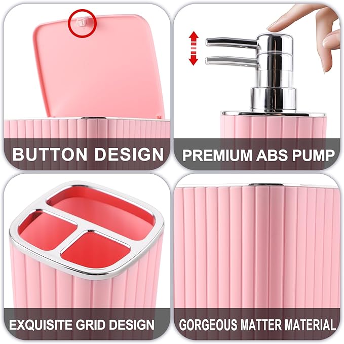 Pink Bathroom Accessories Set - Gorgeous Bathroom Set, 10PC Bathroom Accessory Set, Toilet Brush, Trash Can, Qtip Holder & Soap Dispenser