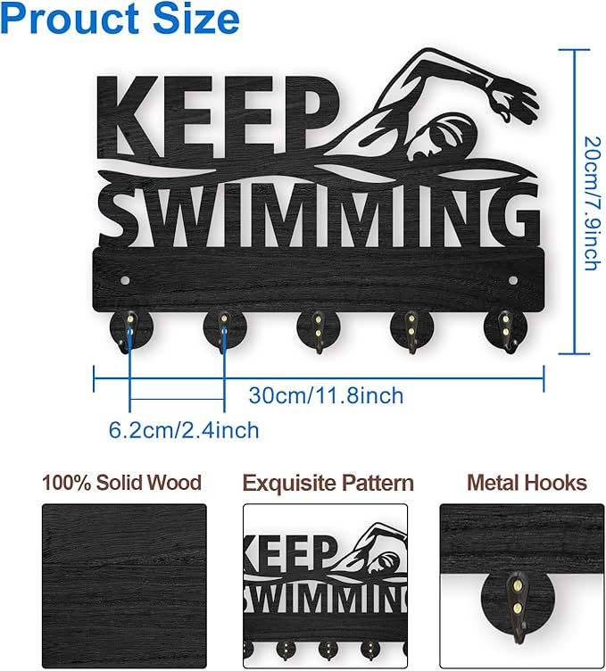 MAYJOYDIY Swimming Wall Mount Coat Rack Key Holder 11.8×8inch Wood Wall Coat Rack Hooks Coat Hooks 5 Alloy Hooks Keep Swimming Wall Hooks for Hanging Swimming Caps Goggles Home Decor Gift