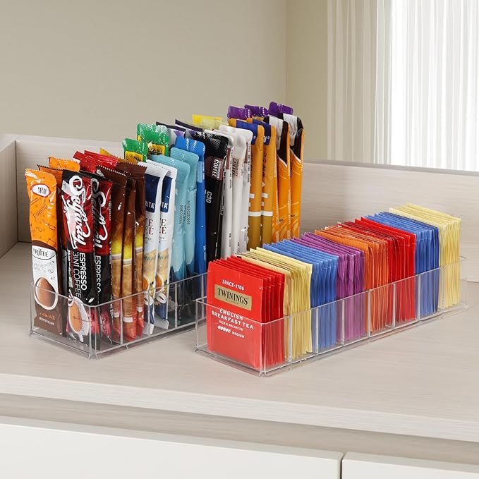 6 Pack Tea Bag Organizer, Clear Plastic Tea Bag Holder with Adhesive Non-Slip Pads, 8-Compartment Sugar & Drink Packet Organizer for Kitchen Storage Organization, Break Room, Pantry Even Drawer