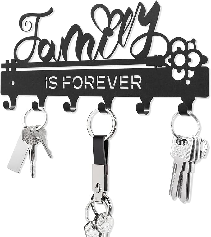 ”Family is Forever”Key Holder Wall Mounted,Key Holder on Wall,Black Metal Decorative Key Rack Hooks for Garage,Mudroom,Hallway,Entryway,Front Door,Office(Normal Size:28x12.3cm)