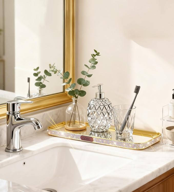 Yivaiks Bathroom Gold Tray Jewelry Perfume Makeup Organizer Decorative Tray for Vanity, Dresser, Bathroom, Bedroom Entrance Hall, Living Room(11.8IN Colorful)