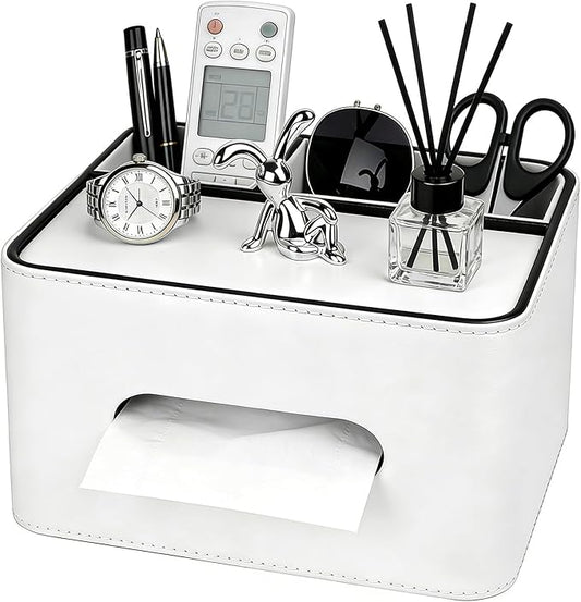 PU Leather Tissue Box Cover Square - Multifunctional Tissue Box Holder with Storage, Tissue and Remote Control Holder Organizer with Compartments for Bedroom Nightstand, Desk, Living Room (White)