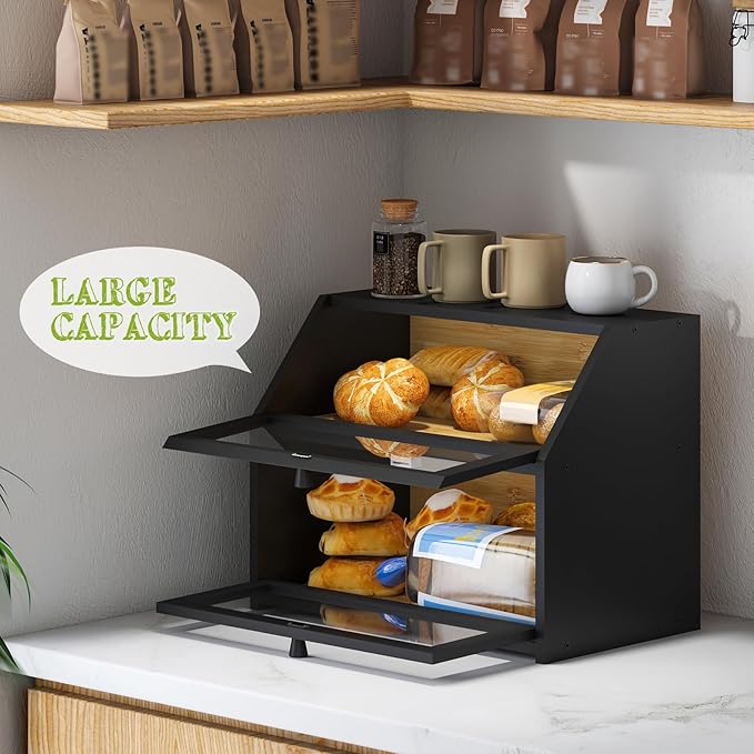 BMOSU Farmhouse Bread Box for Kitchen Countertop Bread box Double Layer Bamboo Wooden Extra Large Capacity Bin Kitchen Food Storage Container(Black)
