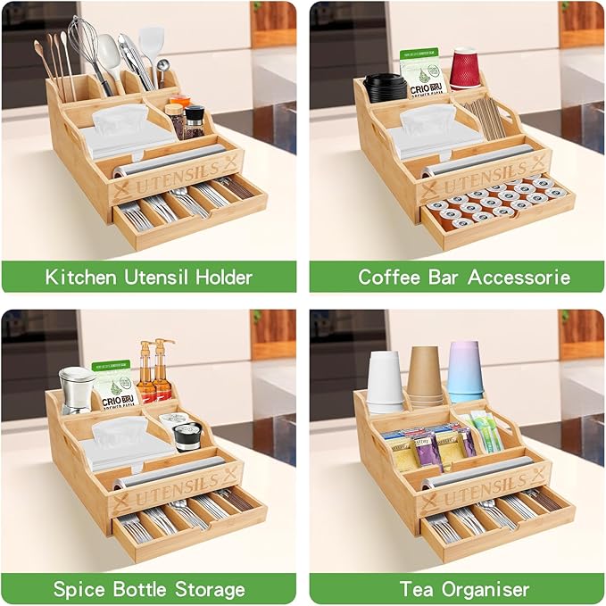 Kitchen Utensil Holder with Drawer, Farmhouse Spatula Organizer for Countertop,Large Capacity Flatware Spoon Forks Knives Cooking Tool Cutlery Holder for Party Picnic BBQ with 11 Compartments (Wood)
