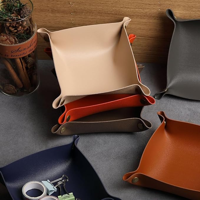 2 Pcs Leather Valet Tray Organizer Set, Folding Travel Storage for Jewelry Keys, Home Office Desk Organizer(Brown)