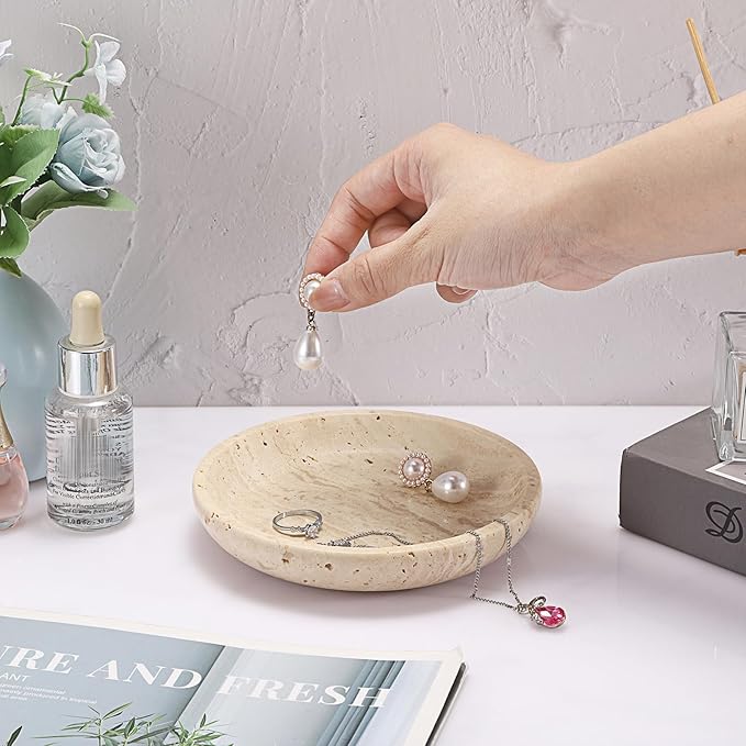Hipiwe Small Key Bowl for Entryway, 5.5" Round Decorative Ring Holder Dish Natural Travertine Stone Trinket Tray Jewelry Dish Plate Candle Tray for Earring Necklaces Home Decor
