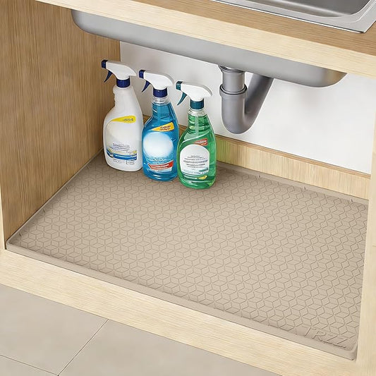TRZZ Silicone Waterproof Under Sink Mat 31" x 22", Drip Tray and Cabinet Liner for Kitchen and Bathroom, Prevents Water Damage and Organizes Cabinets (Khaki)