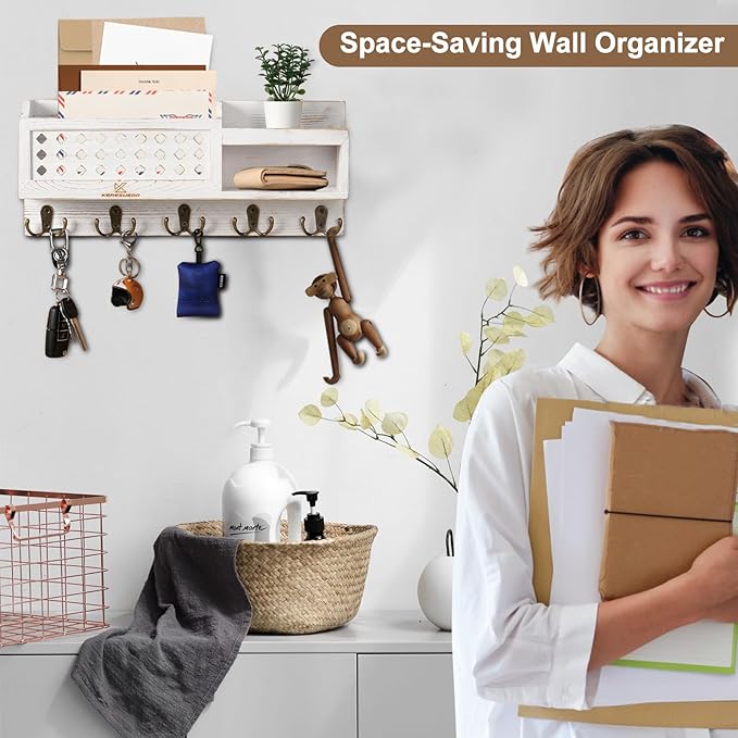 Key and Mail Holder Wall Mount - Mail Organizer Wall Mounted with Hooks and Storage Box, Key Rack for Entryway, Wall Mail Organizer for Home, Modern Farmhouse Decor, Easy Install Key Hanger (White)