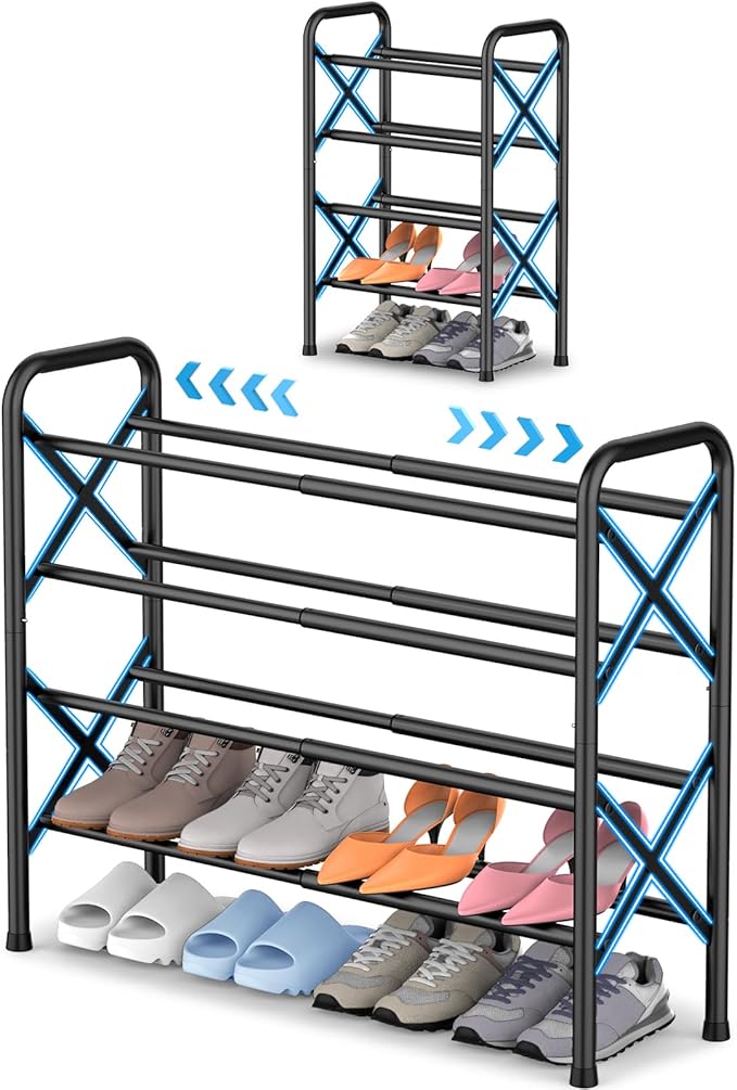 4-Tier Expandable Shoe Rack for Closet Floor, X-Frame Metal Small Shoe Rack for Entryway, Adjustable Shoe Shelf Organizer, Free Standing Shoe Racks for Front Door Entrance, Garage - Black