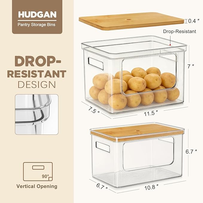 Hudgan Pantry Organizers and Storage, 2 Stackable Storage Bins for Onion, Potato, Garlic, Straight Side Clear Plastic Container for Home Edit, Kitchen Cabinet, Countertop, Bathroom and Laundry Room