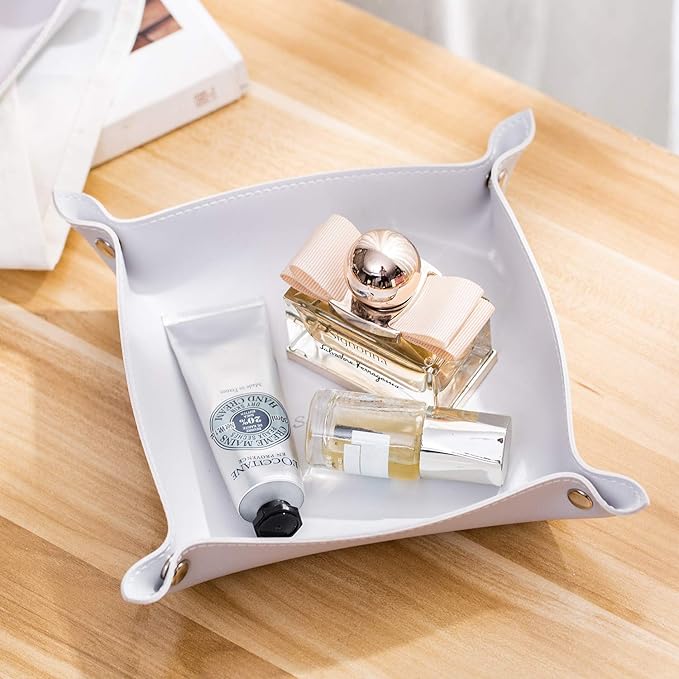 SANQIANWAN Leather Jewelry Valet Tray for Women and Man, Entryway Table Bedside Nightstand Desk Portable Small Catchall Travel Dish Plate for Key,Wallet,Watch,Coin(Grey White-B)