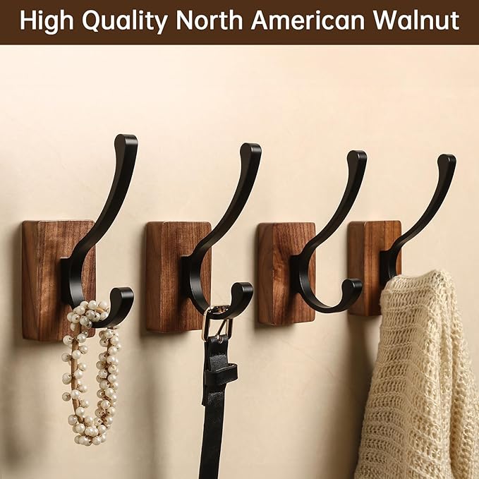 8 Pack Wooden Wall Hooks, Adhesive and Screw Mounted for Heavy Duty, Boho Decorative Coat Hooks for Towel, Clothes, Blanket, Hat, Entryway, Nursery Door