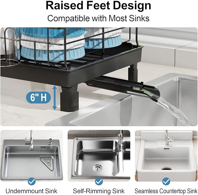 GSlife Expandable Dish Drying Rack for Kitchen Counter - Compact Rust-Resistant Dish Racks with and Cup Holder for Small Apartment, 12.2" W x 12"-20.5" L, Black