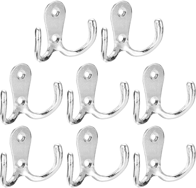 uxcell Wall Hooks, 8Pcs - Zinc Alloy Double Prong Retro Hook, Hooks for Hanging Towel Coat Backpack Clothes Scarf Keys Hat Cup (Chrome)